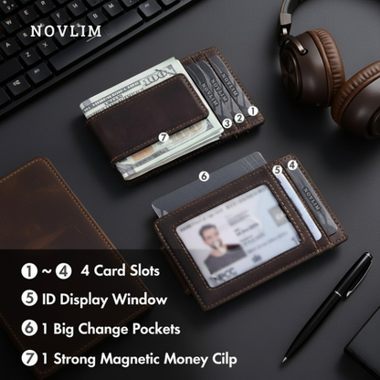 NOVLIM Genuine Leather Super Slim Magnetic Wallet with ID Card And RFID Blocking Feature