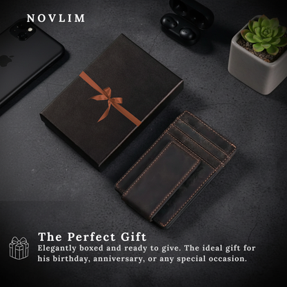 NOVLIM Genuine Leather Super Slim Magnetic Wallet with ID Card And RFID Blocking Feature