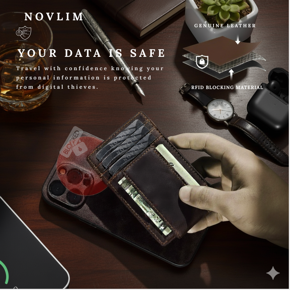 NOVLIM Genuine Leather Super Slim Magnetic Wallet with ID Card And RFID Blocking Feature